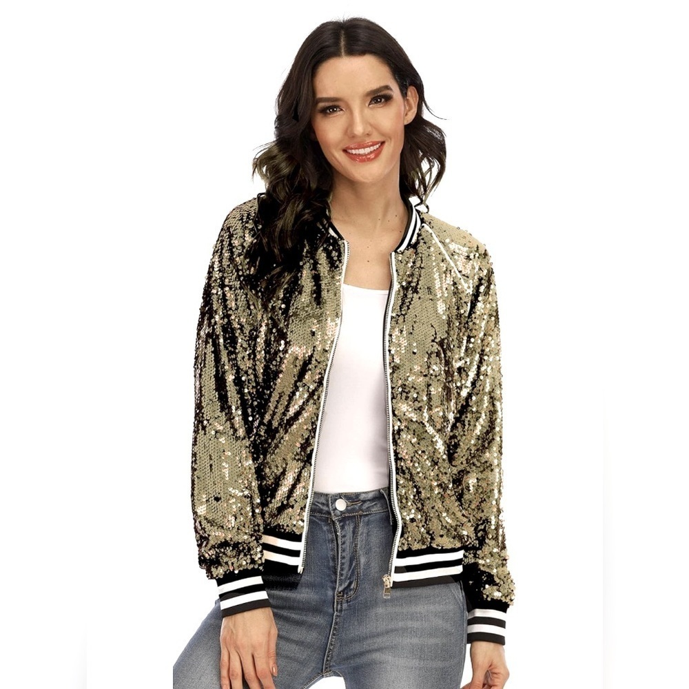 Shinevan Hi Party Sequin Bomber Jacket Silver and Black Full Zip Party Fun
